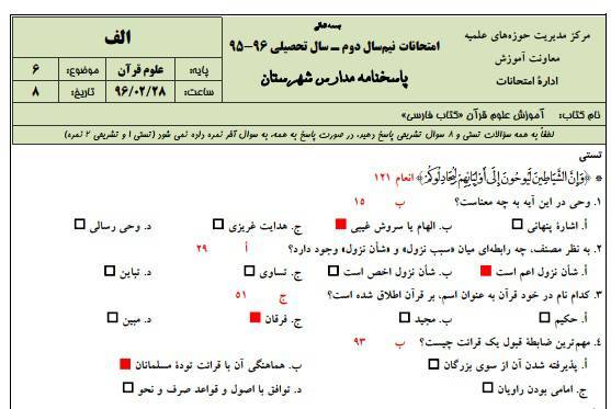نمونه سوالات علوم قرآن به همراه پاسخنامه ( حوزه علمیه ) 1 نمونه سوالات علوم قرآن به همراه پاسخنامه ( حوزه علمیه )